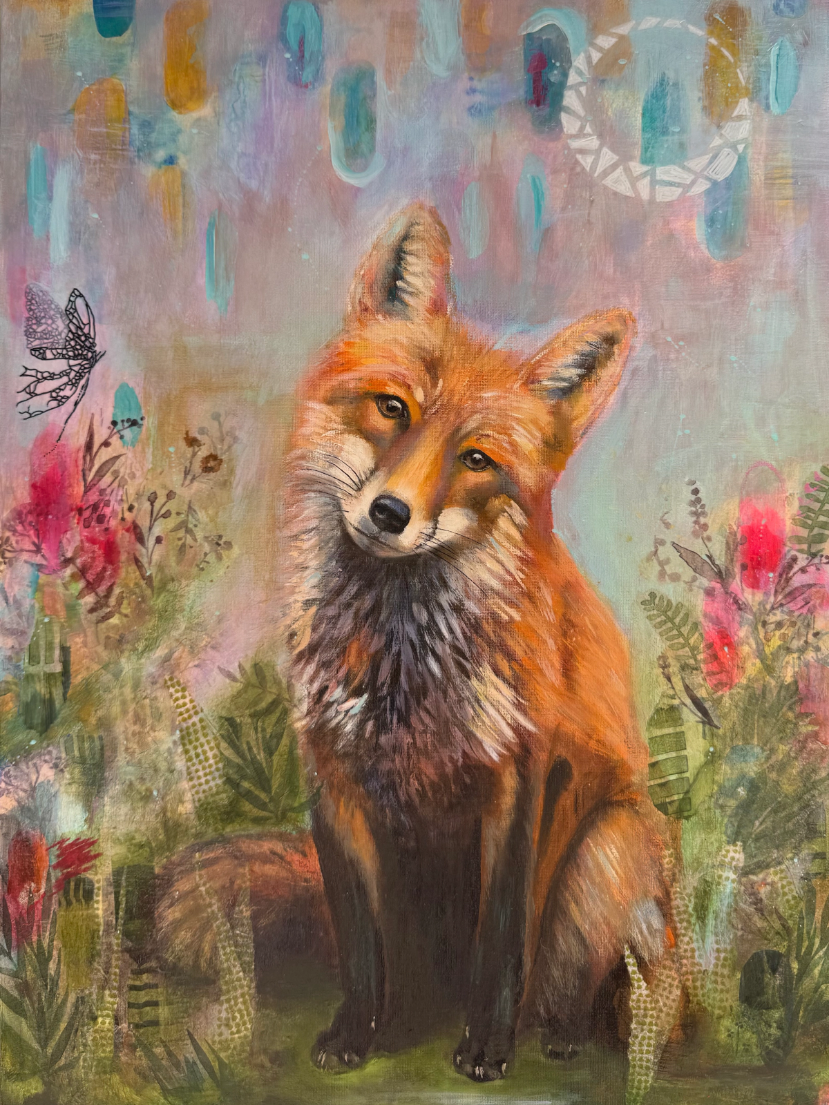 Red fox seated amid ferns and bright wildflowers beneath floating pastel shapes and a pale spiral moon.