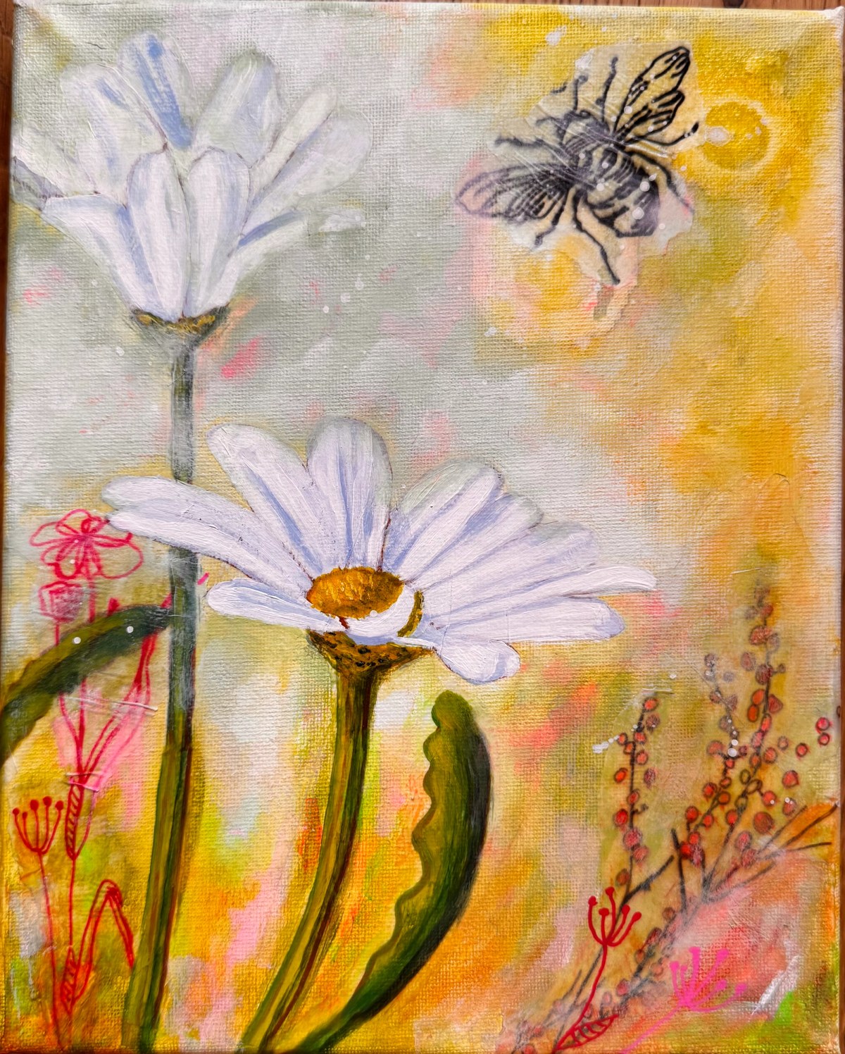 White daisies rising through a warm yellow-pink garden with a hovering bee and fine botanical drawings.