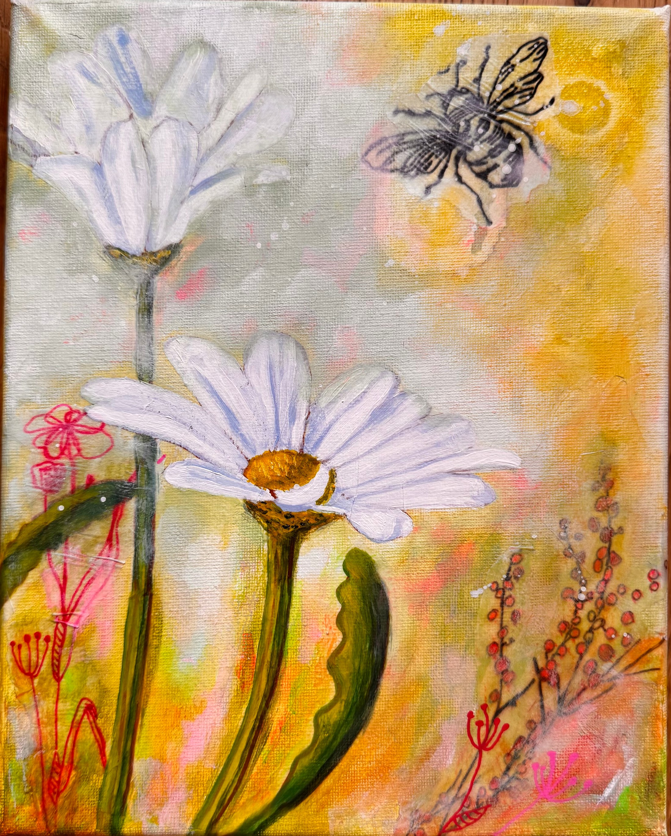 White daisies rising through a warm yellow-pink garden with a hovering bee and fine botanical drawings.