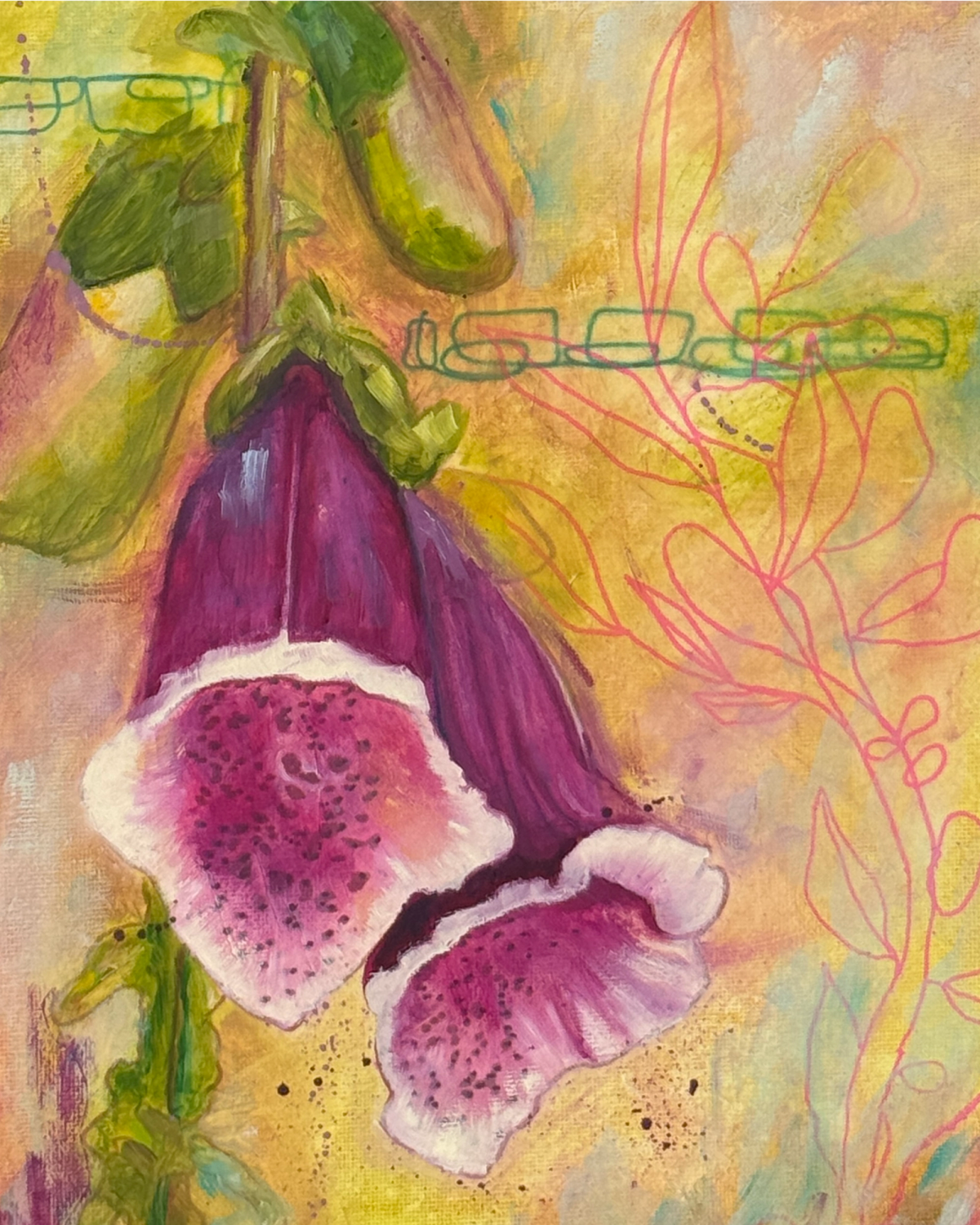 Red-burgundy foxglove bells hanging among green leaves, pink leaf drawings, and looping teal vines.
