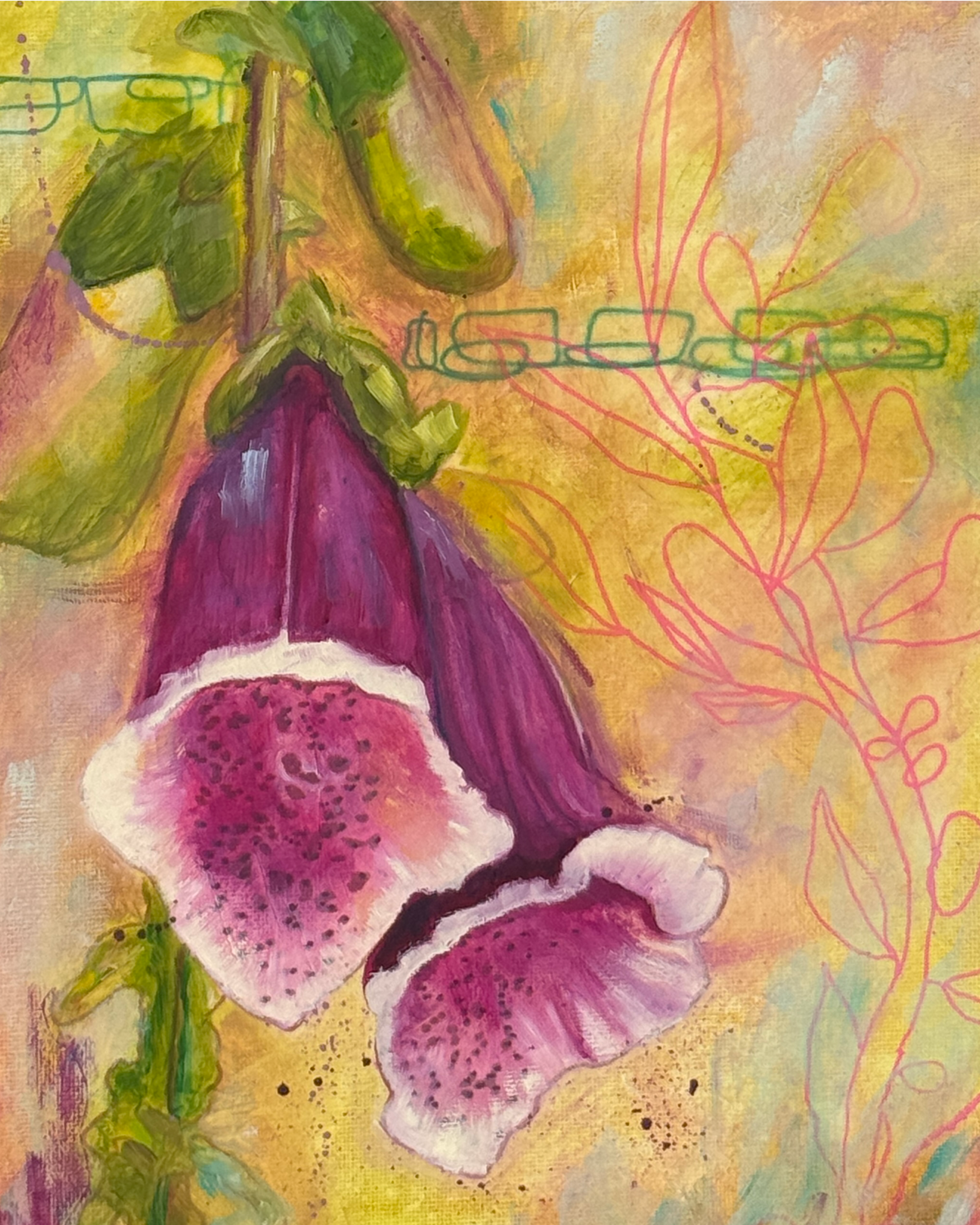 Red-burgundy foxglove bells hanging among green leaves, pink leaf drawings, and looping teal vines.