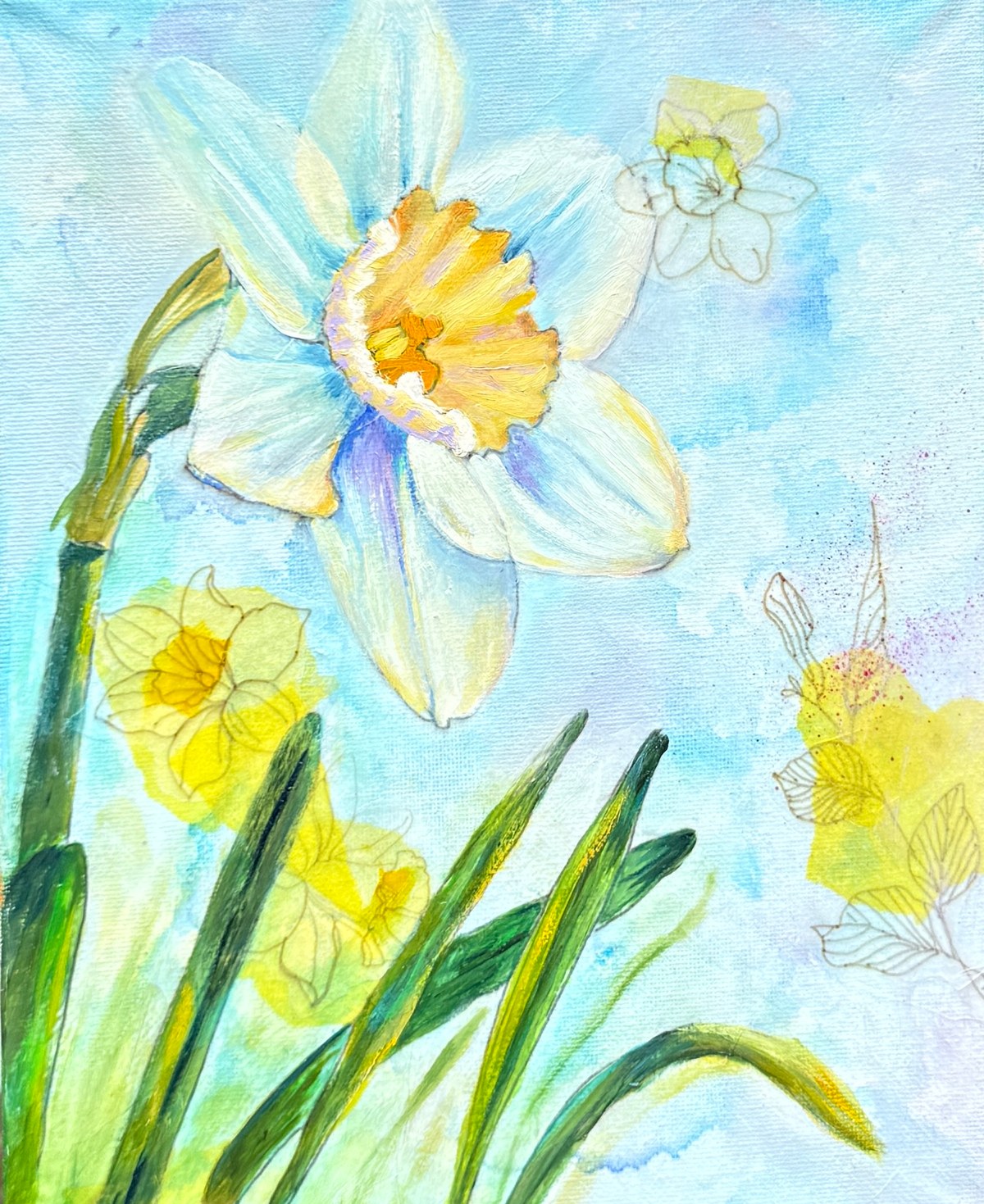 Paperwhite daffodil is surrounded by botanical drawings and cool blue skies.