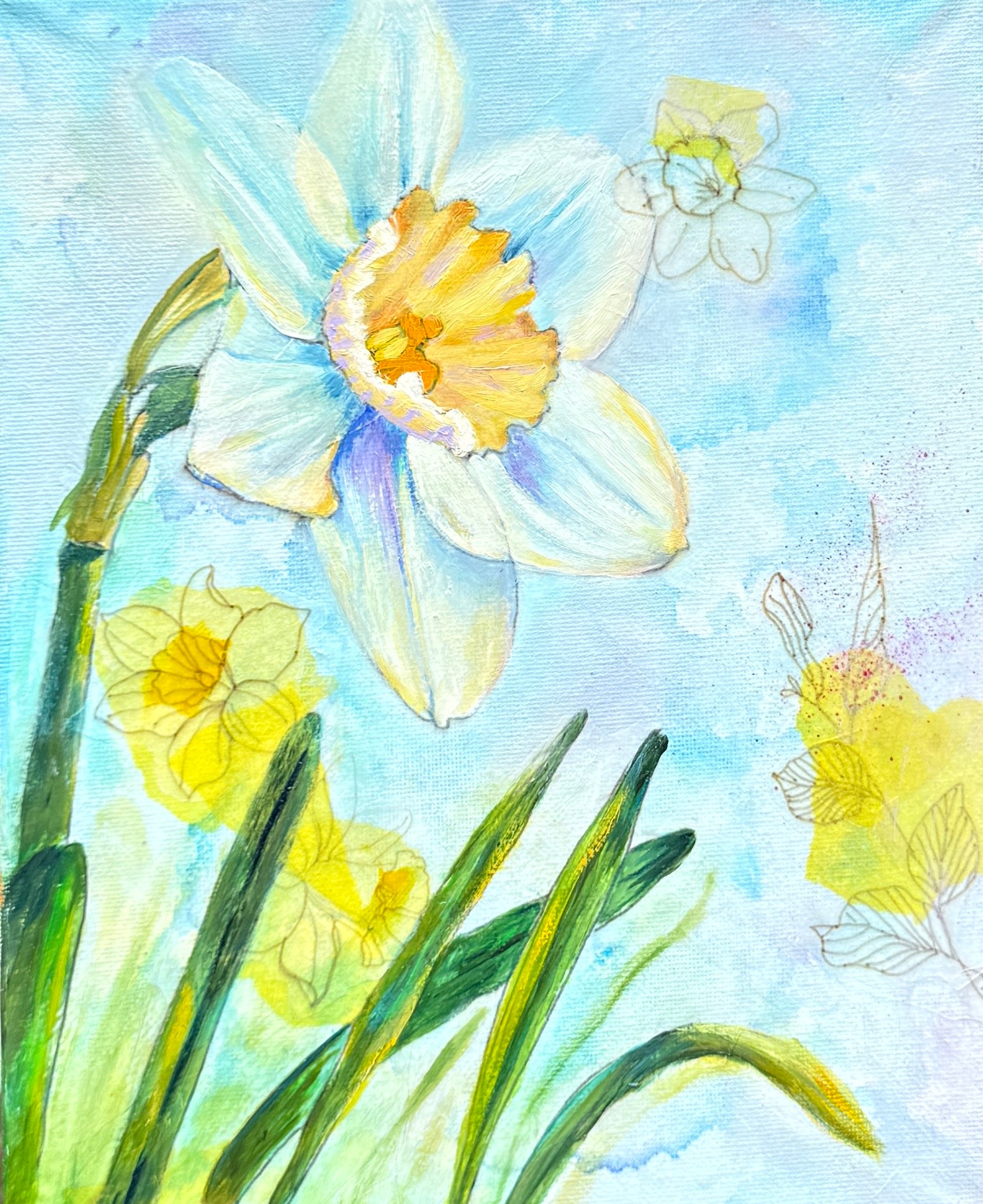 Paperwhite daffodil is surrounded by botanical drawings and cool blue skies.