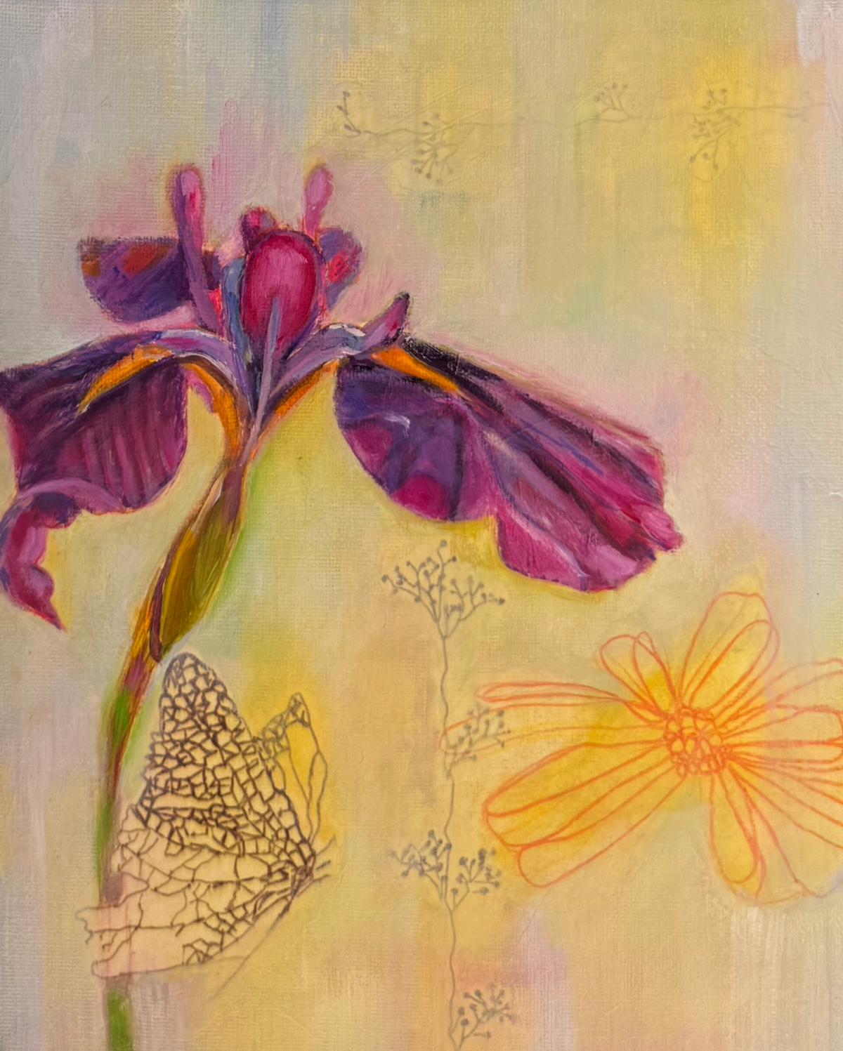 Purple iris shelters a patterned butterfly and botanical elements in a sunny, warm glow.