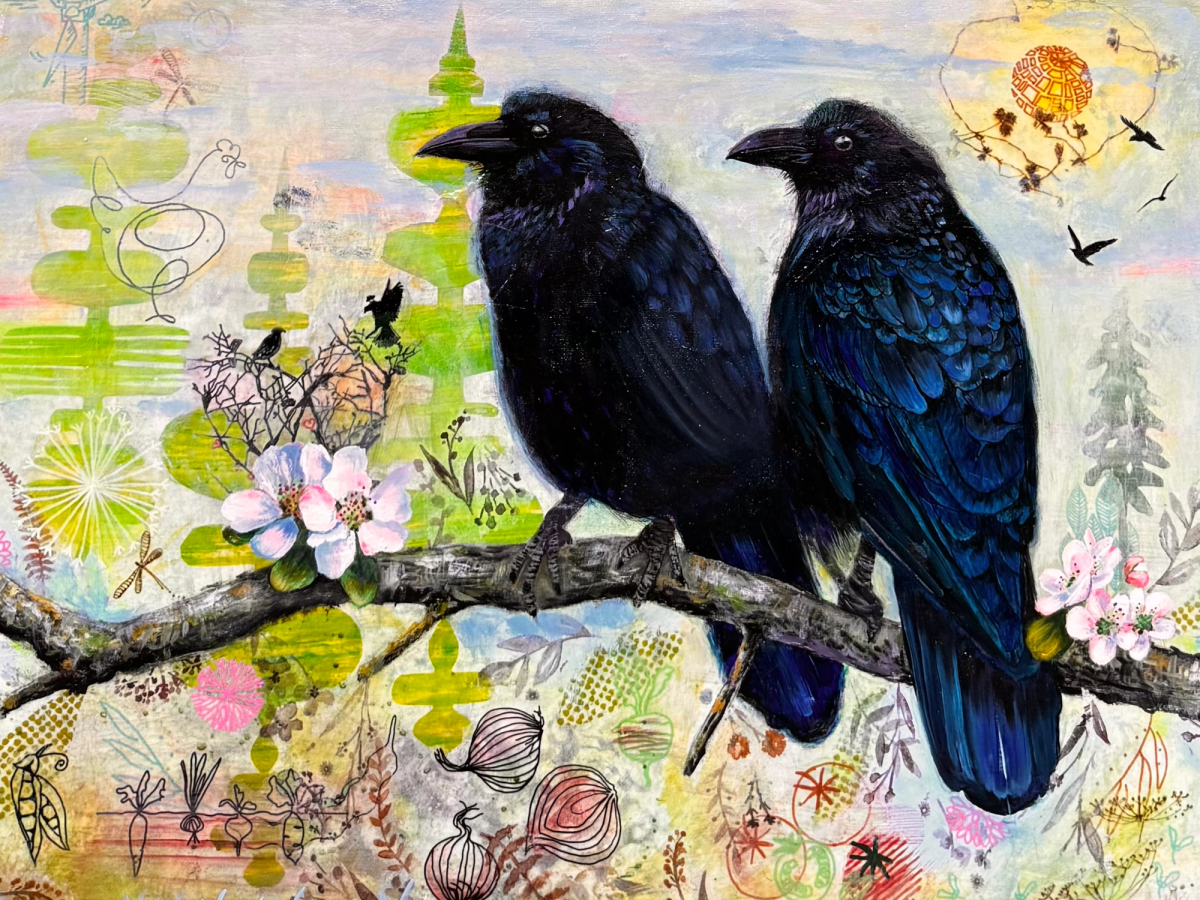 Commissioned by Crows' Feat Farm in Kensington, New Hampshire, this painting celebrates the beauty of a working farm through vibrant fields, gardens, fruit trees, chickens, and a wind turbine. Rich with colorful details, it honors the owners' love for the land and the community they proudly serve.