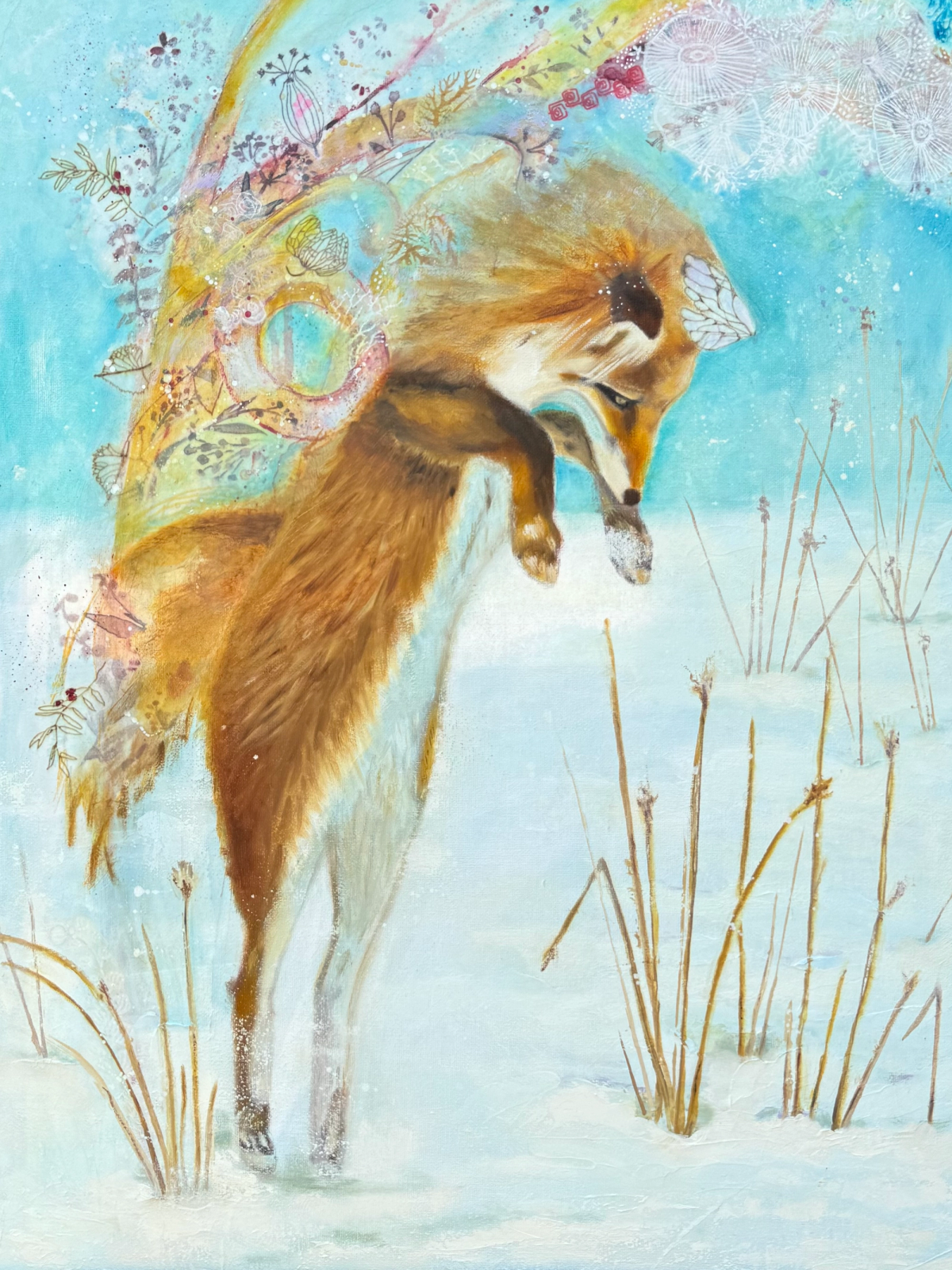 Red fox mid-leap, diving headfirst into the snow to catch his prey