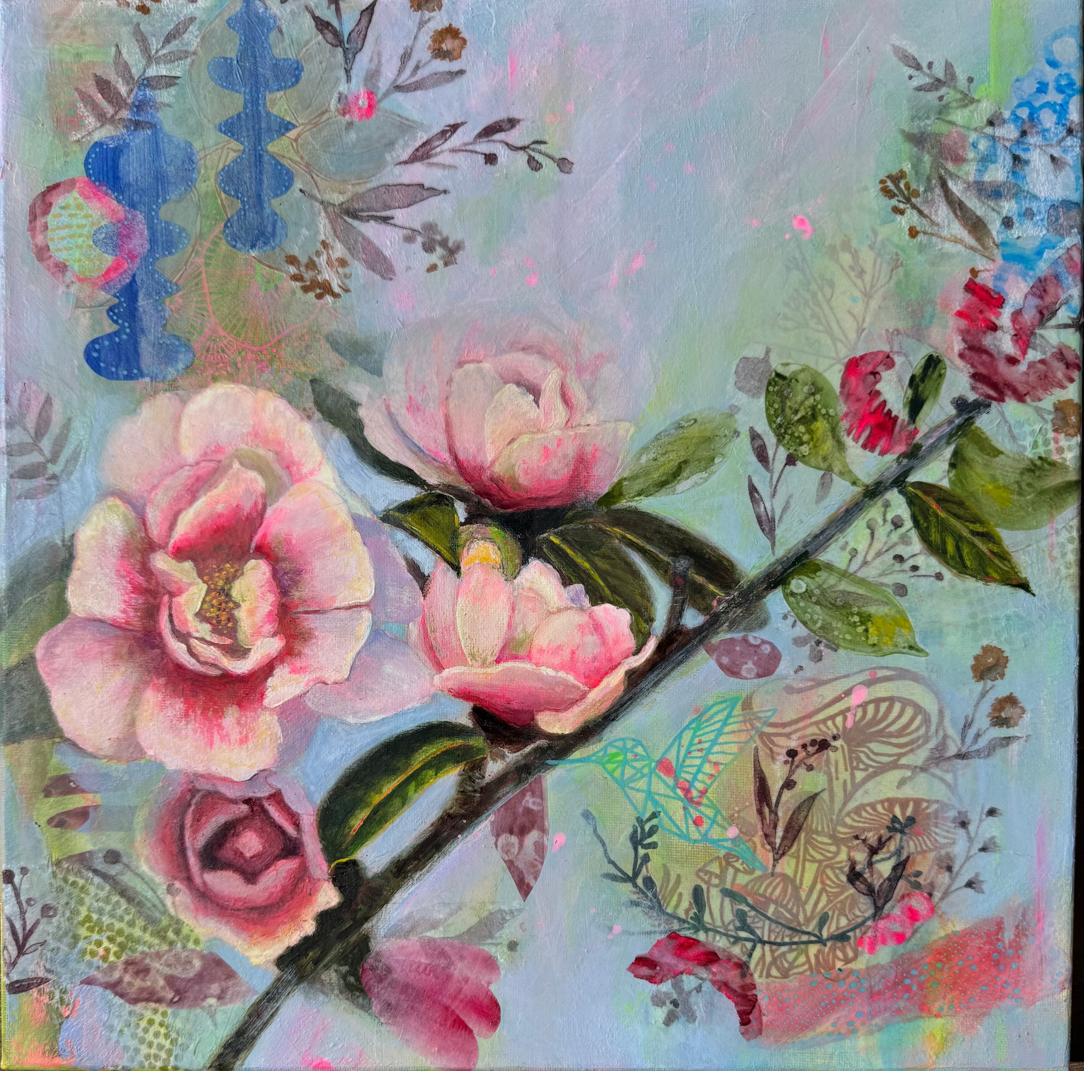 Pale pink peonies on a dark branch surrounded by blue, red, and green botanical fragments on a misty ground.