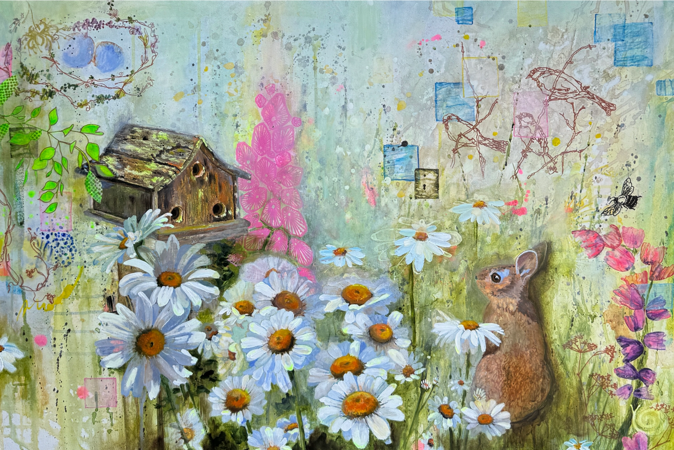 Original painting of A whimsical garden painting featuring a patch of daisies, an old birdhouse, a cottontail rabbit, colorful flowers, birds, and a busy bee by New Hampshire artist Sue Elkus