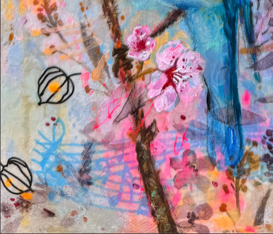 Musical notes, cherry blossoms and seed pods adorn his branch.