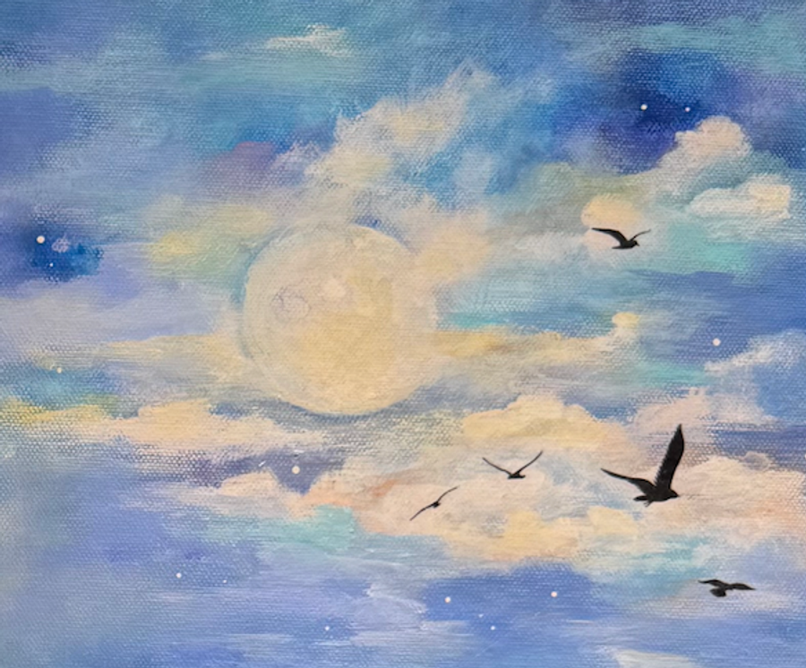 Full moon lights the sky as birds soar by  