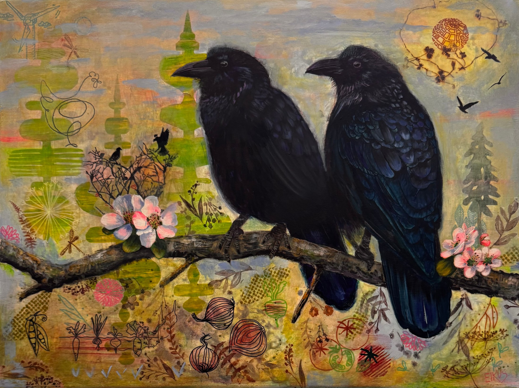 Two black ravens perched on a branch above a layered green garden filled with flowers, seeds, and drawn motifs.