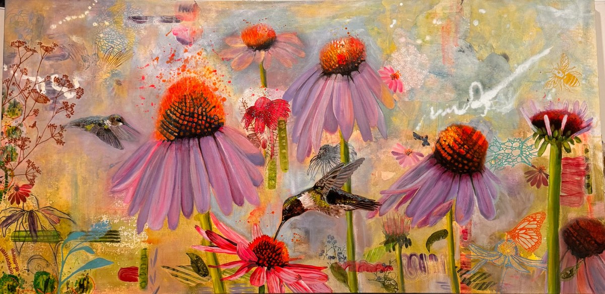 Hummingbirds flying among tall pink coneflowers in a layered garden of drawn insects, petals, and colorful marks.