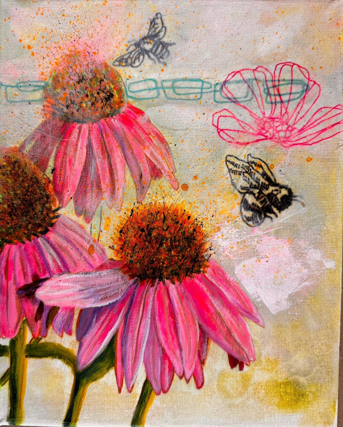 Three pink coneflowers with orange-brown centers, joined by bees, a butterfly, and red contour drawings.