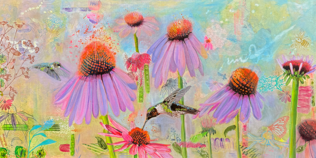 Original painting of colorful hummingbirds and coneflowers in a whimsical garden by New Hampshire artist Sue Elkus
