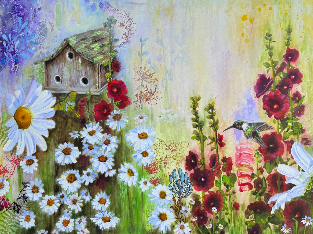 An original colorful, whimsical garden painting featuring burgundy-red hollyhocks, daisies, a ruby-throated hummingbird, an old birdhouse, and playful flowers and garden elements by New Hampshire artist Sue Elkus