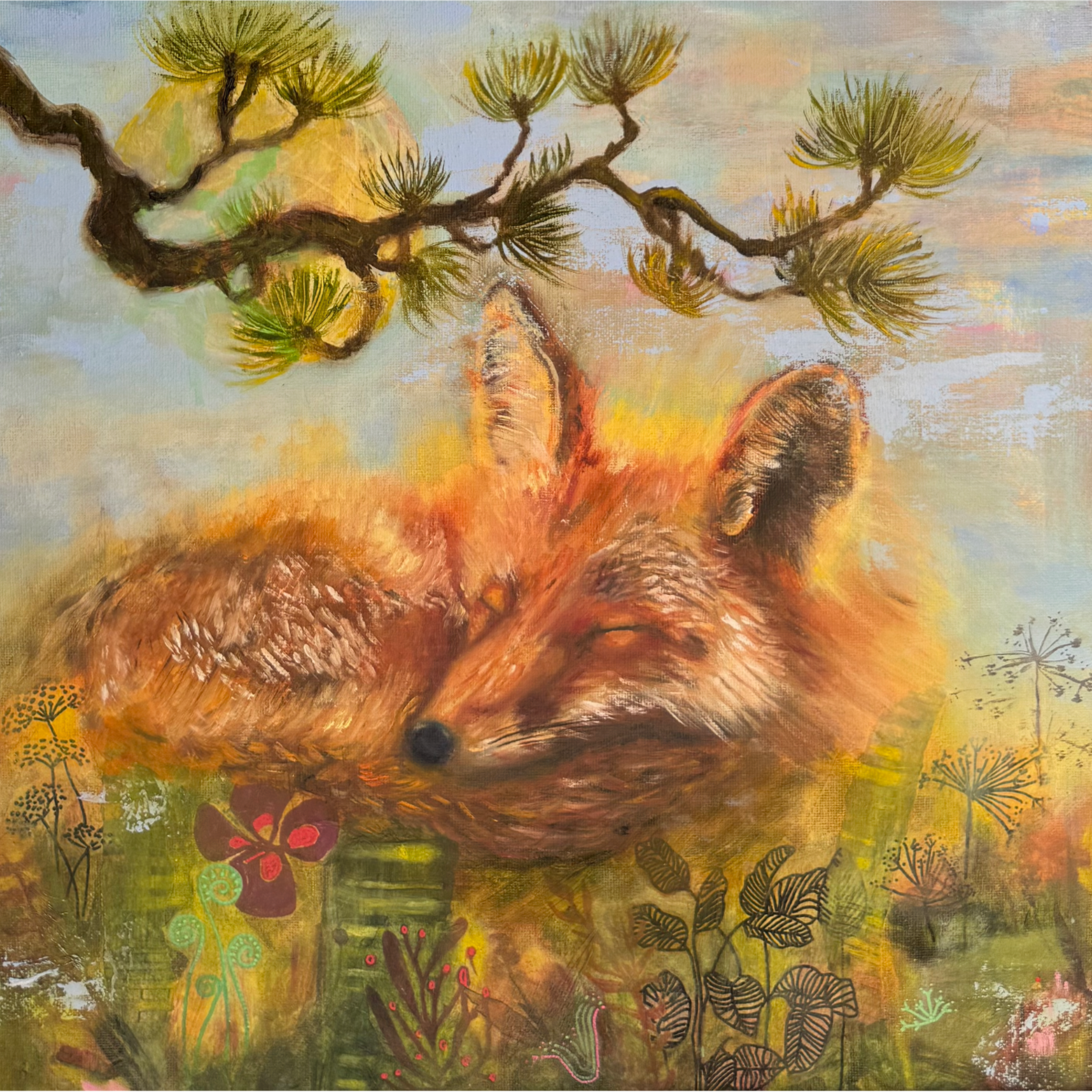 Sleeping red fox curled in a vibrant meadow under a warm glow