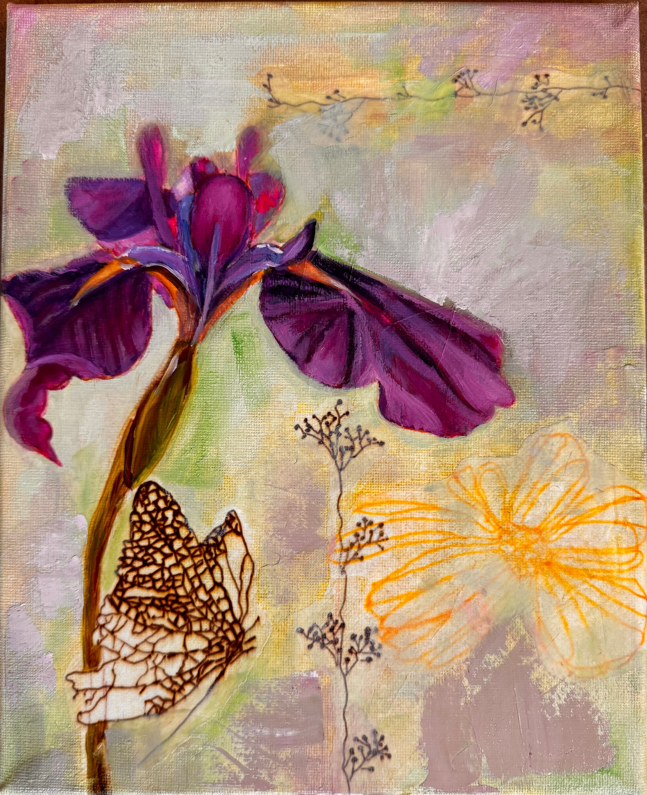 Purple iris above a pale patterned butterfly and gold botanical drawings on a softly mottled ground.