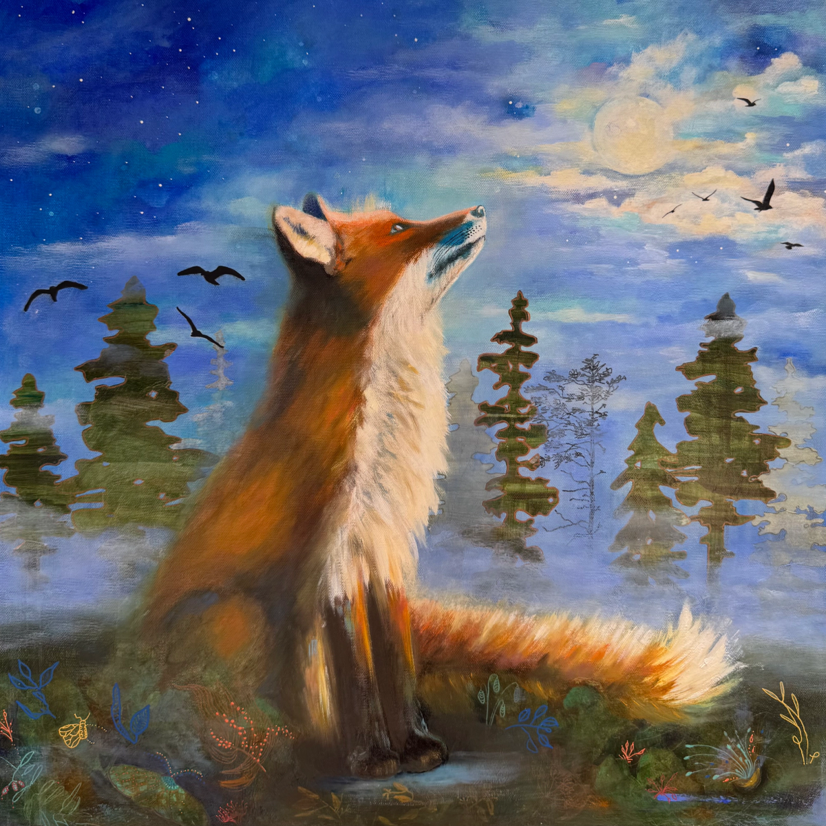 Red fox lifting its muzzle toward a bright full moon as the evening mist rolls in