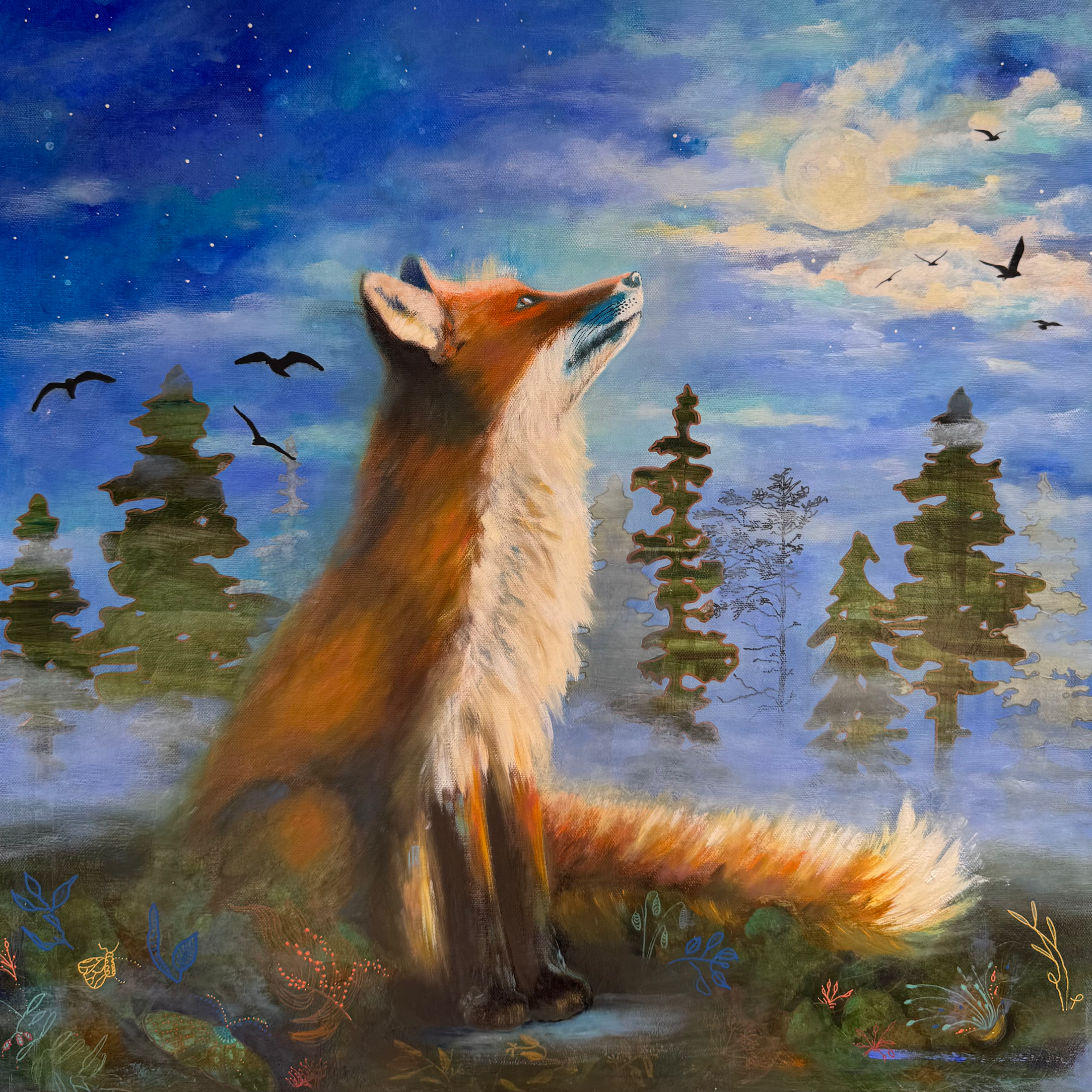 Red fox lifting its muzzle toward a bright full moon as the evening mist rolls in