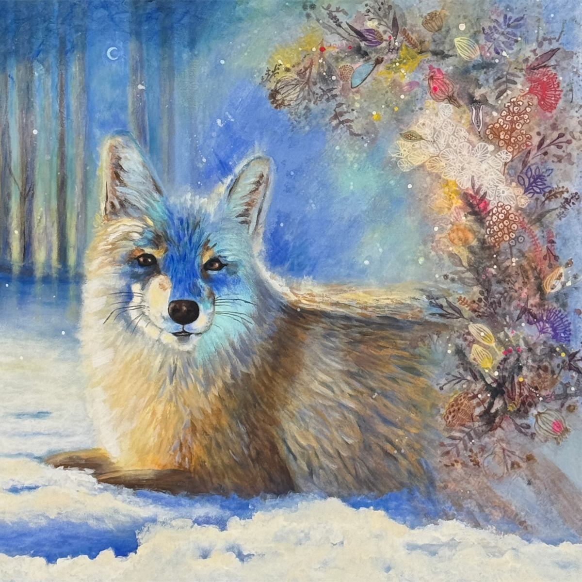 Comfortable fox sitting in snow in afternoon light beside a vertical spray of botanical elements.