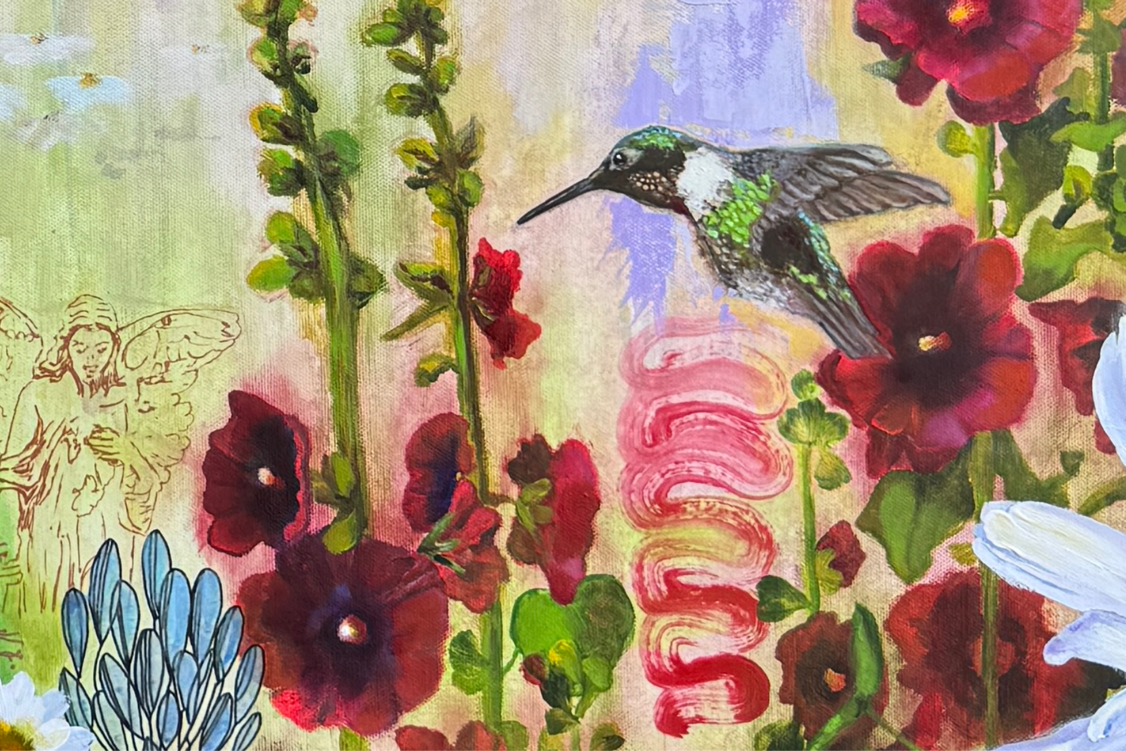 Colorful painting of a Ruby-throated hummingbird hovering near hollyhocks by New Hampshire artist Sue Elkus.