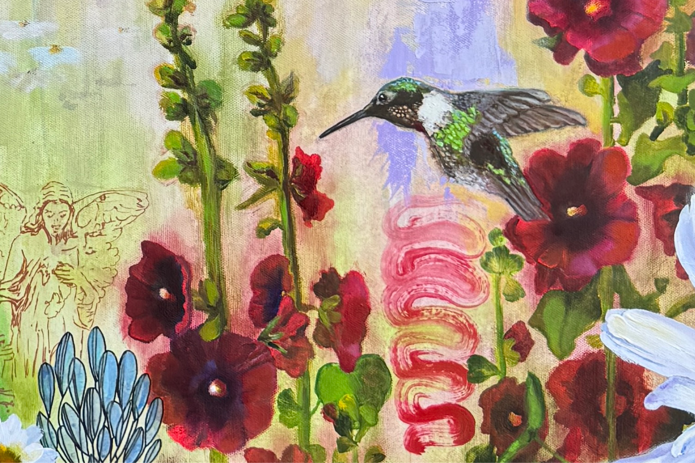 Colorful painting of a Ruby-throated hummingbird hovering near hollyhocks by New Hampshire artist Sue Elkus.