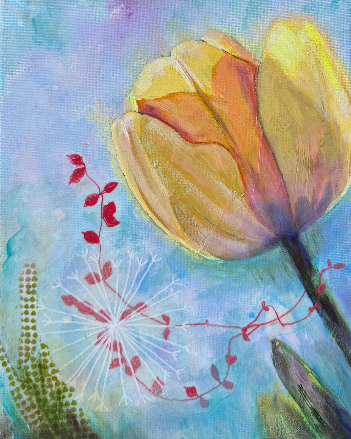 Large golden-yellow tulip with whimsical red stems, and white dandelion seed-head line work on a cool blue ground.