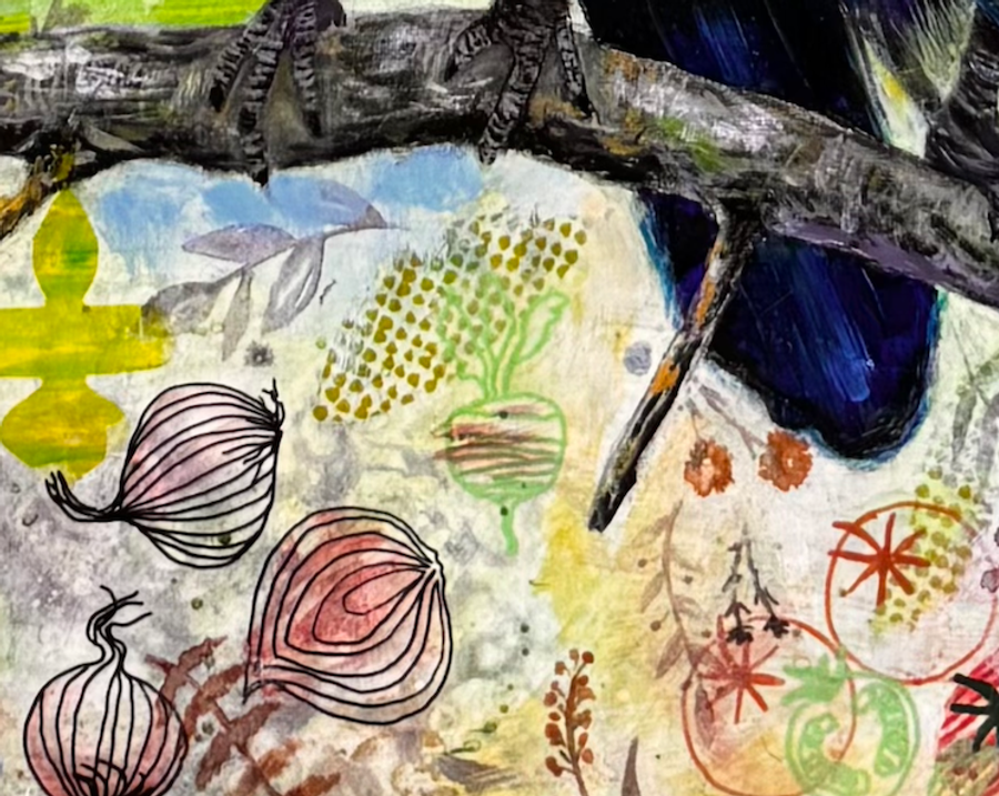 Layered vegetable and flower drawings