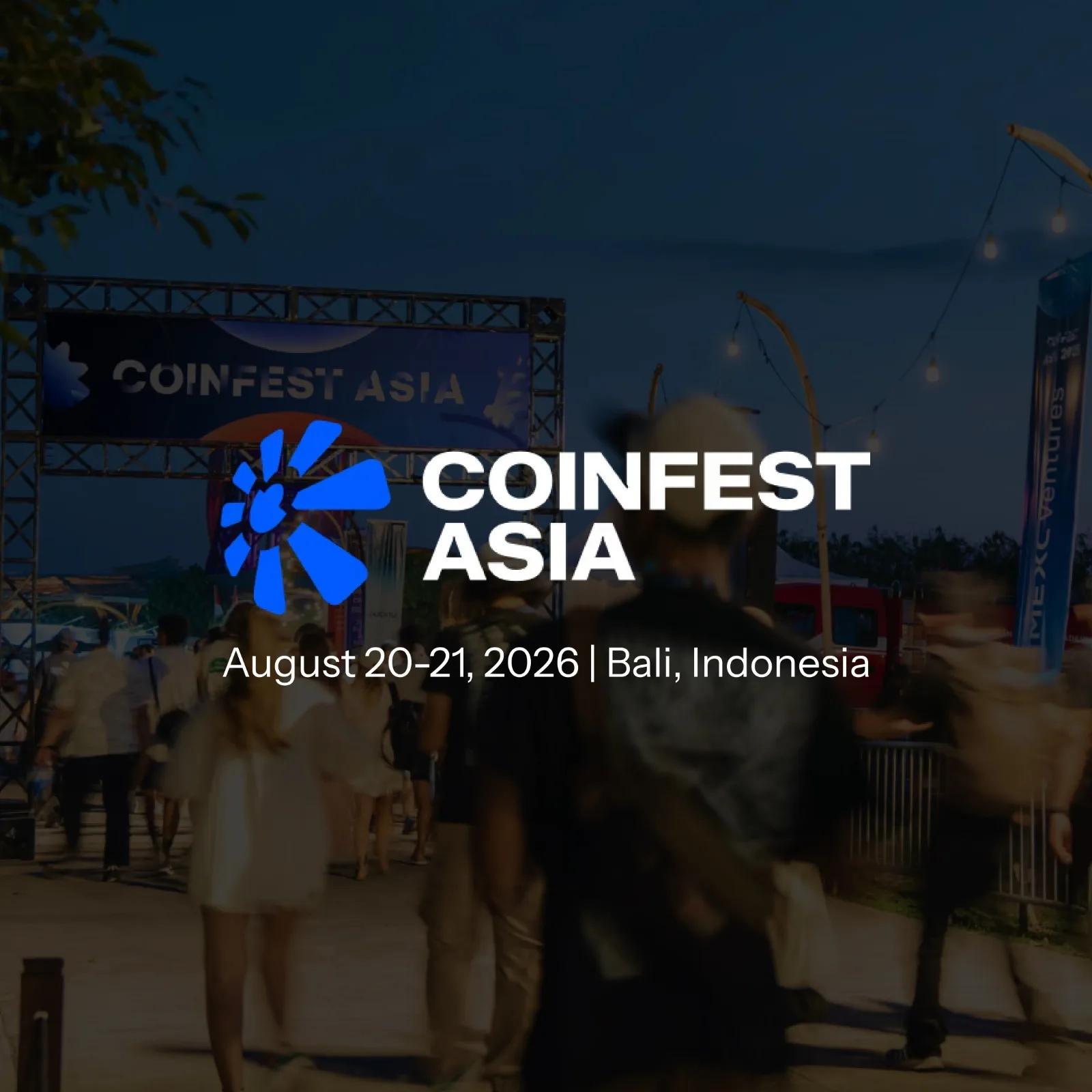 Coinfest Asia logo and dates over a blurred photograph of festival-goers walking past event banners