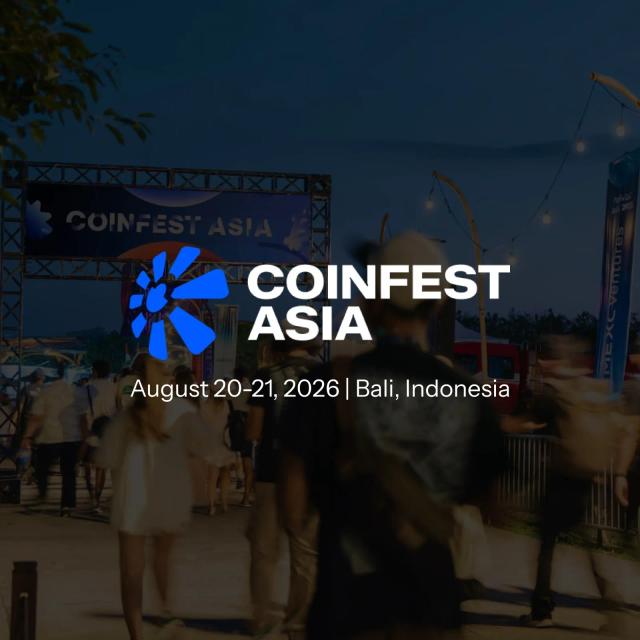 Coinfest Asia logo and dates over a blurred photograph of festival-goers walking past event banners