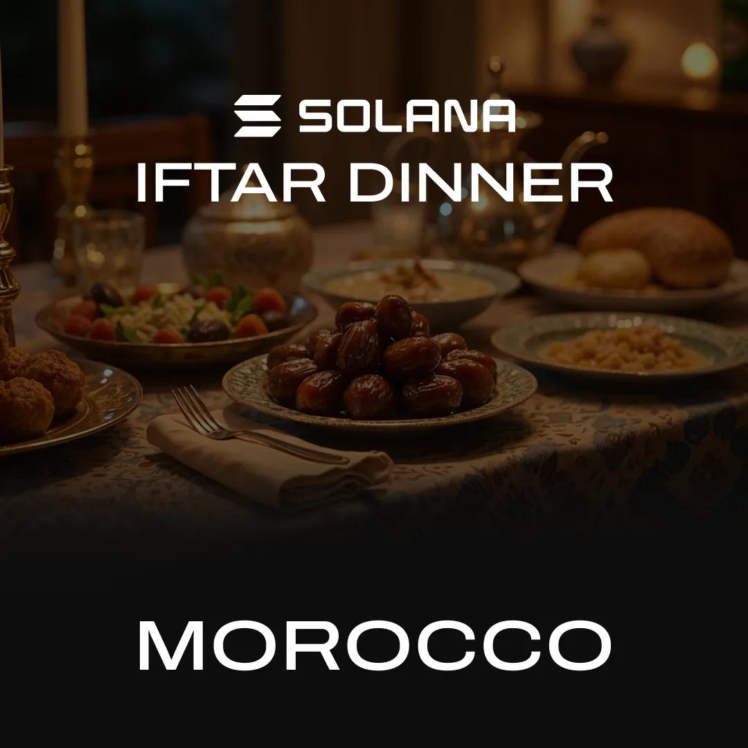 Solana Iftar Dinner Morocco title over a photograph of a candlelit table laid with Iftar dishes