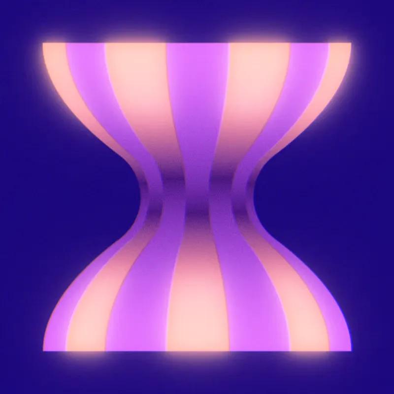 Abstract graphic of a glowing pink and violet hourglass form on a deep blue background