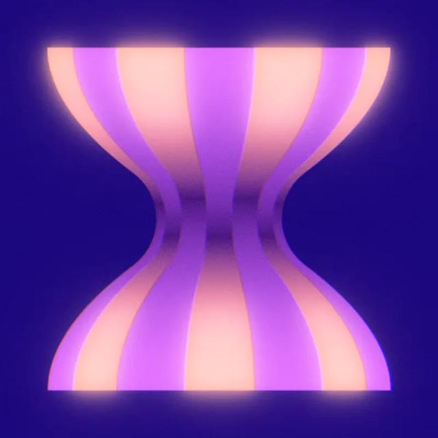 Abstract graphic of a glowing pink and violet hourglass form on a deep blue background