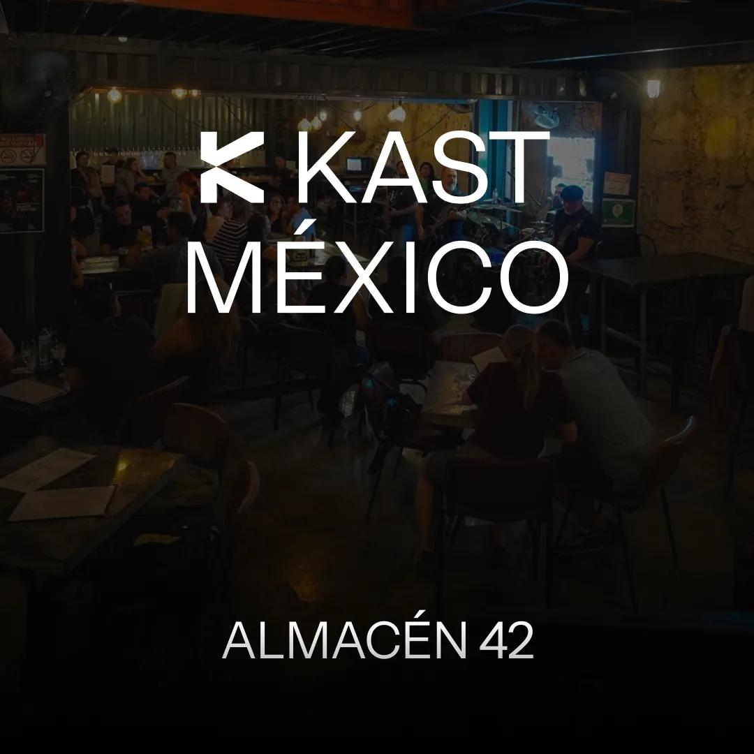 KAST México title over a dimly lit photograph of a café interior, with the venue name Almacén 42