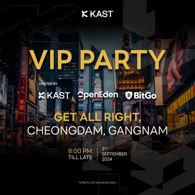 VIP Party poster in gold, hosted by KAST, OpenEden and BitGo, over a photograph of a Gangnam street