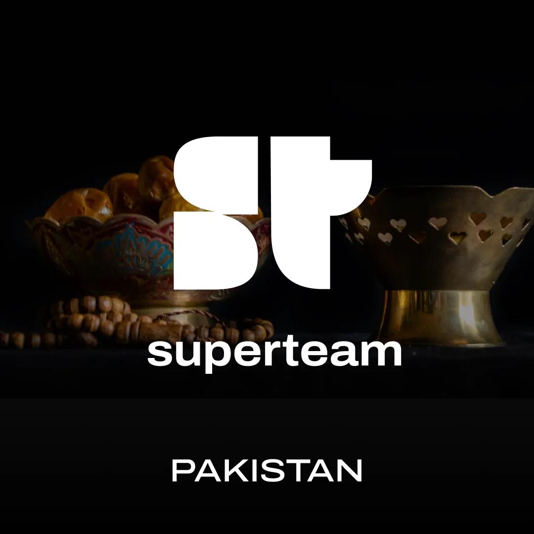 Superteam logo in white over a dark photograph of a table set with dates and brass serving dishes