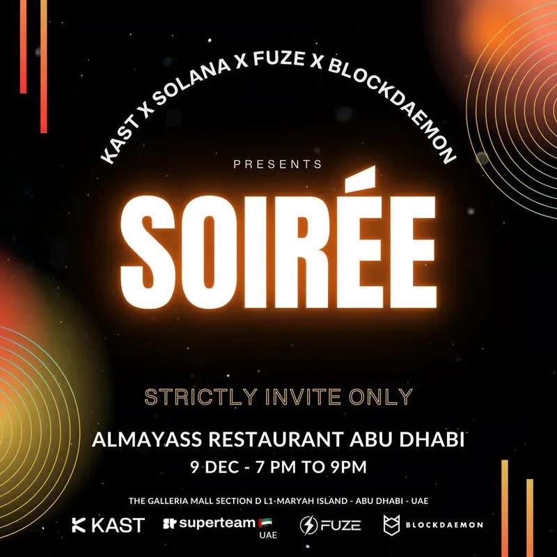 Soirée poster in white on black with concentric gold arcs, listing KAST, Solana, Fuze and Blockdaemon