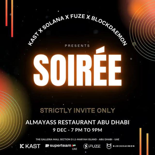 Soirée poster in white on black with concentric gold arcs, listing KAST, Solana, Fuze and Blockdaemon