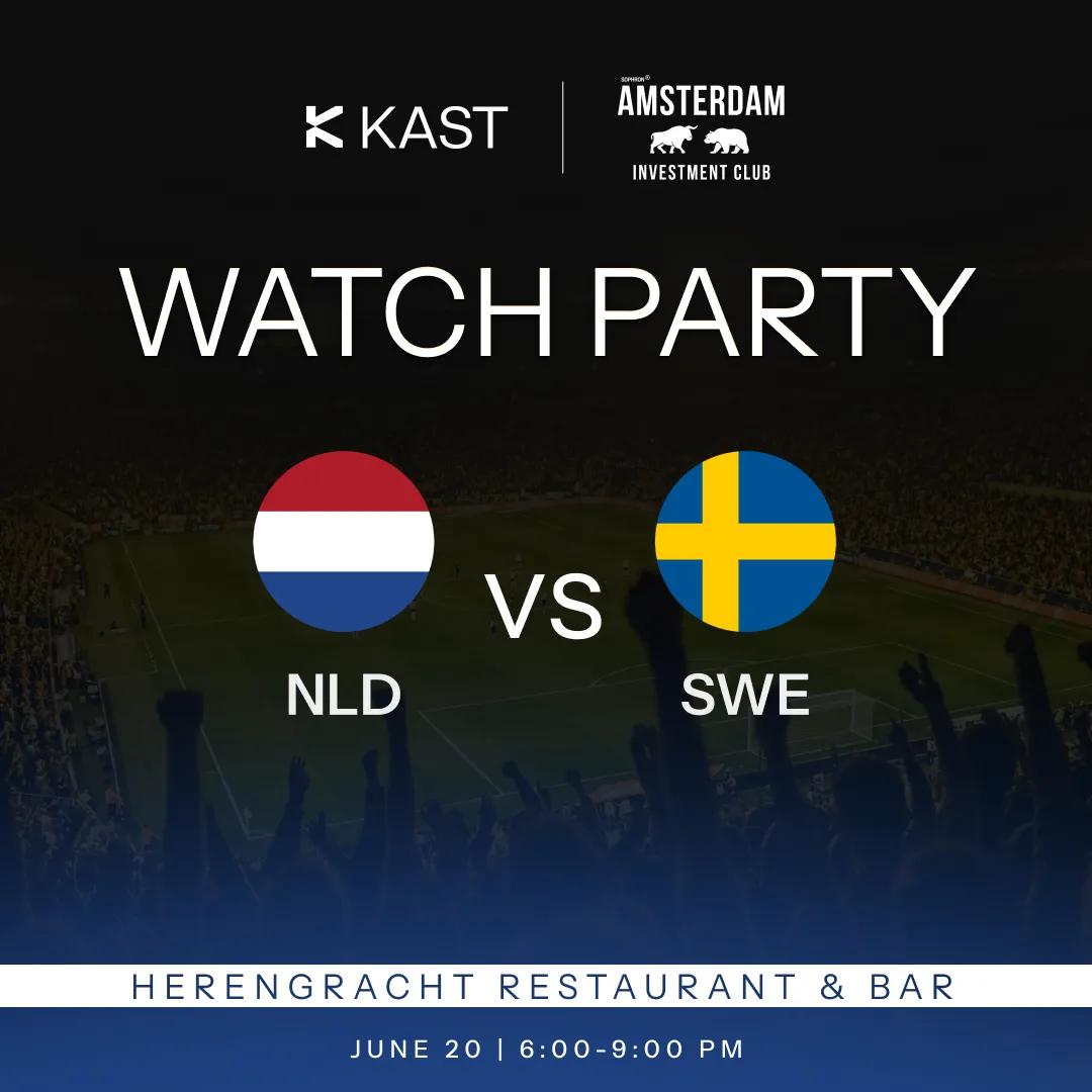 Watch party card with Netherlands and Sweden flags, over a photograph of a stadium crowd
