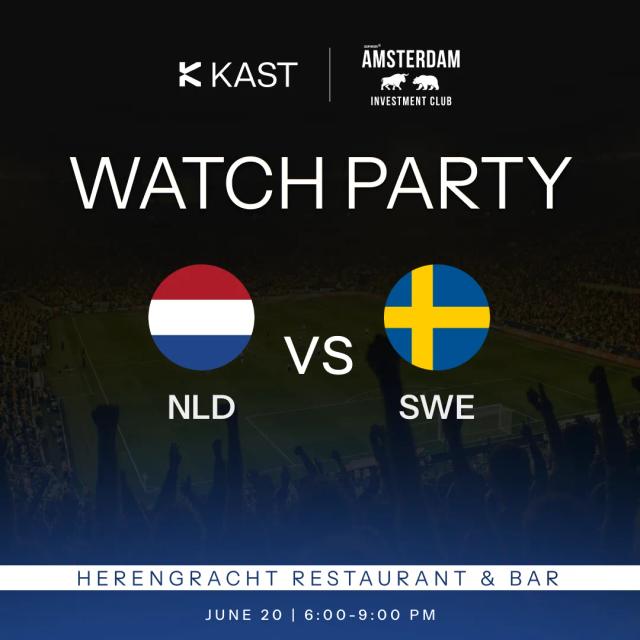 Watch party card with Netherlands and Sweden flags, over a photograph of a stadium crowd
