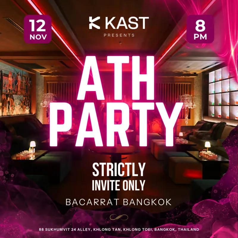 ATH Party poster in pink neon lettering, strictly invite only, over a photograph of a Bangkok bar interior
