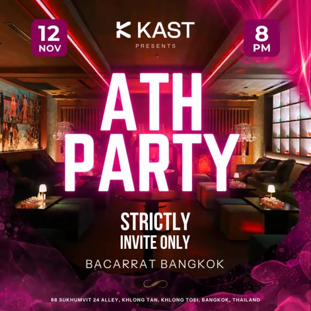 ATH Party poster in pink neon lettering, strictly invite only, over a photograph of a Bangkok bar interior