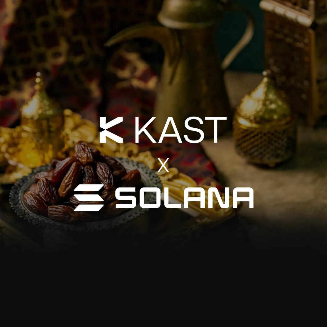 KAST and Solana logos over a dark photograph of a table set with dates and a brass coffee pot