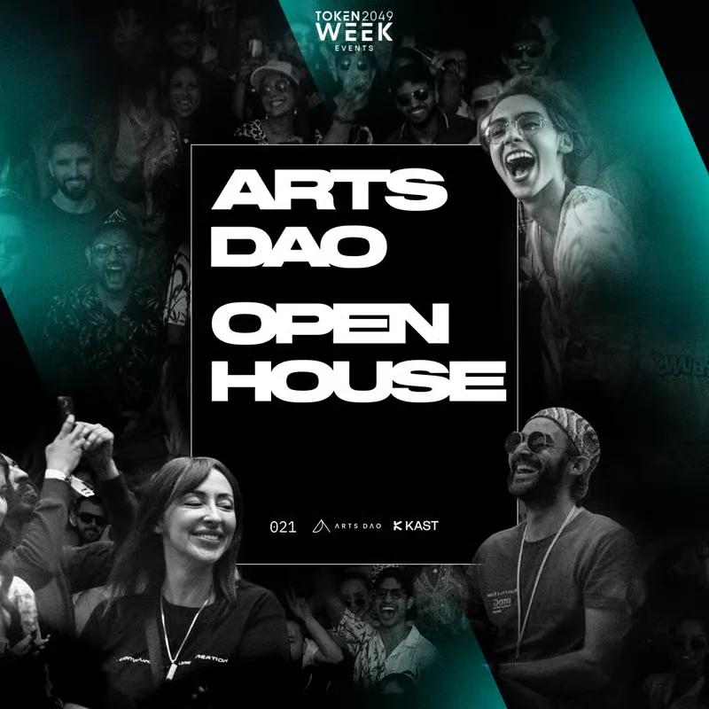 Arts DAO Open House poster: the title in white on a black panel, over a teal-tinted collage of people at a previous party
