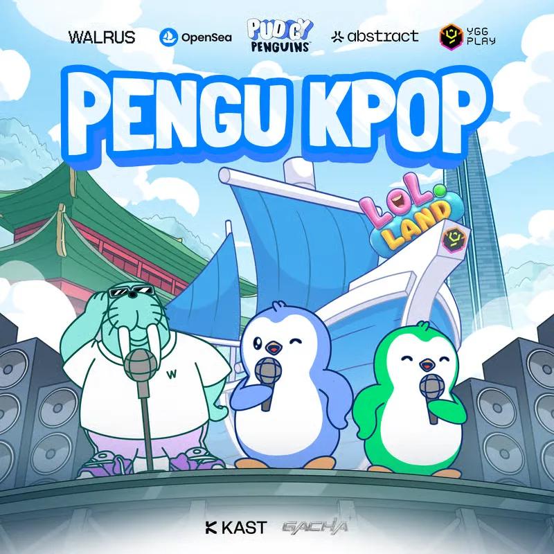 Cartoon illustration of penguin and walrus characters singing on a stage, titled Pengu KPOP