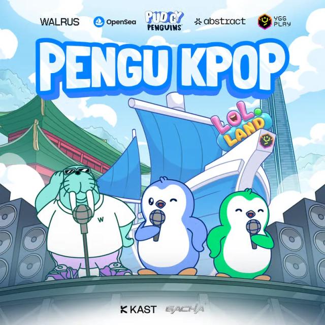 Cartoon illustration of penguin and walrus characters singing on a stage, titled Pengu KPOP