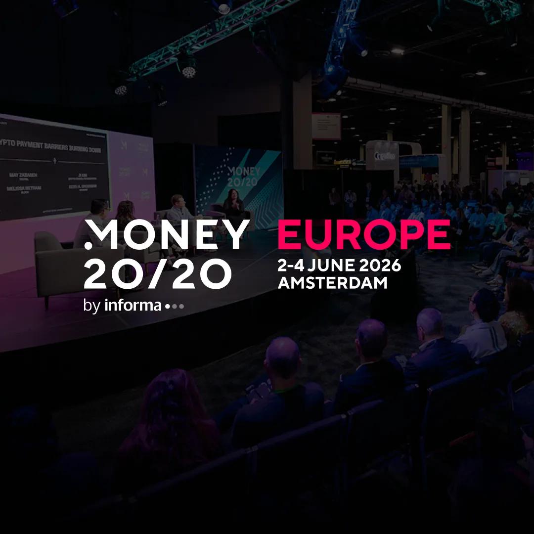Money20/20 Europe logo over a photograph of an audience seated at a conference session