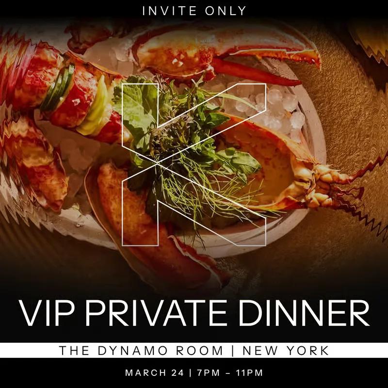VIP Private Dinner poster, invitation only, over a photograph of a dressed lobster with a KAST monogram