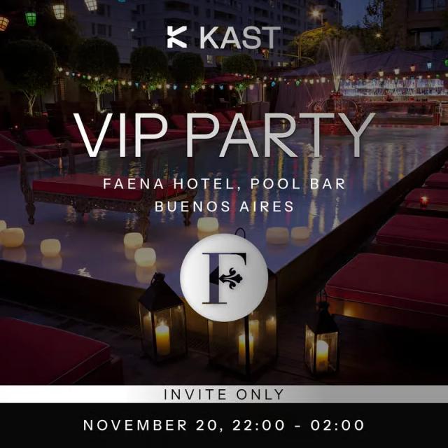 VIP Party poster for the Faena Hotel pool bar, over a photograph of a candlelit terrace at night