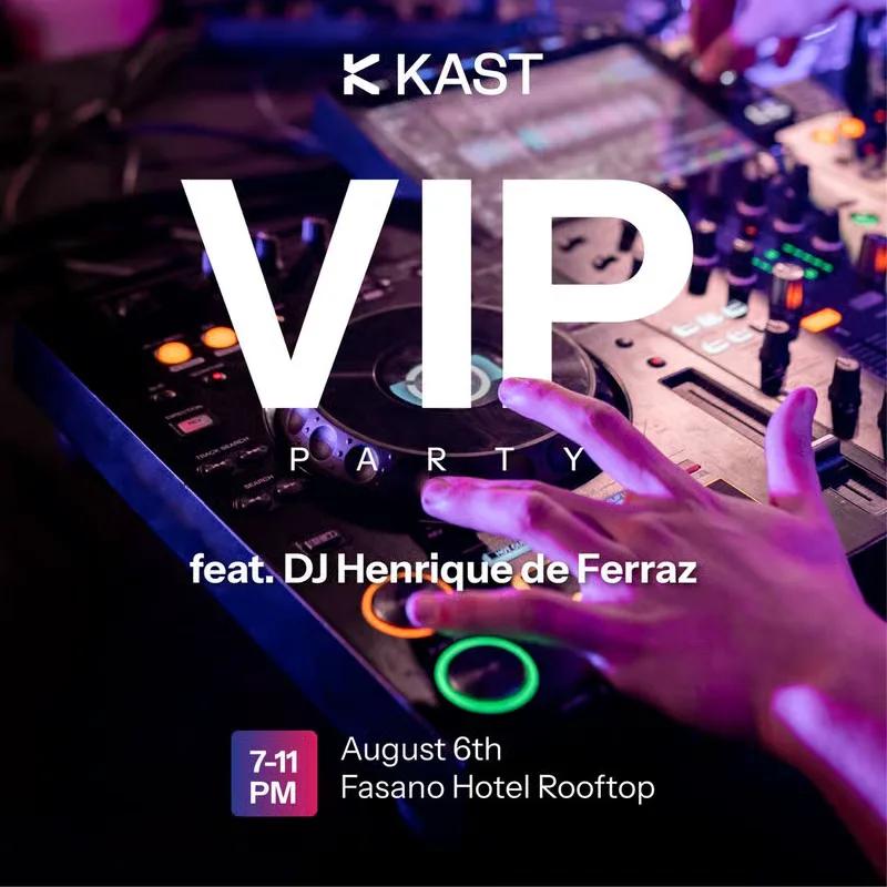 VIP Party poster featuring DJ Henrique de Ferraz, over a close photograph of hands on glowing DJ decks